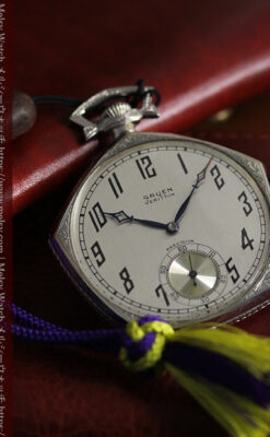 白銀色の五角形 グリュエンのアンティーク懐中時計 【1930年頃】-P2311-6