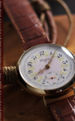 エルジン アンティーク腕時計 淡い桃色と金の文字盤 【1904年頃】-W1542-1