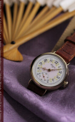 エルジン アンティーク腕時計 淡い桃色と金の文字盤 【1904年頃】-W1542-12