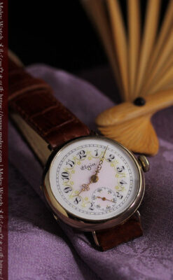 エルジン アンティーク腕時計 淡い桃色と金の文字盤 【1904年頃】-W1542-13