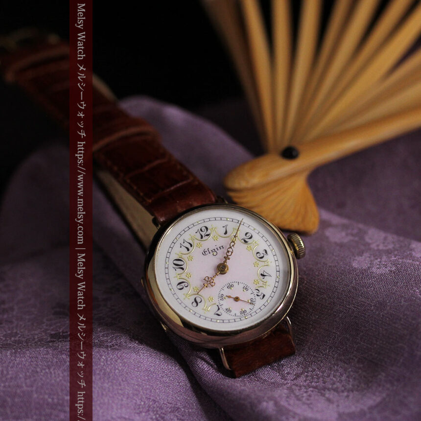 エルジン アンティーク腕時計 淡い桃色と金の文字盤 【1904年頃】-W1542-13