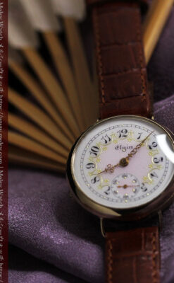 エルジン アンティーク腕時計 淡い桃色と金の文字盤 【1904年頃】-W1542-14