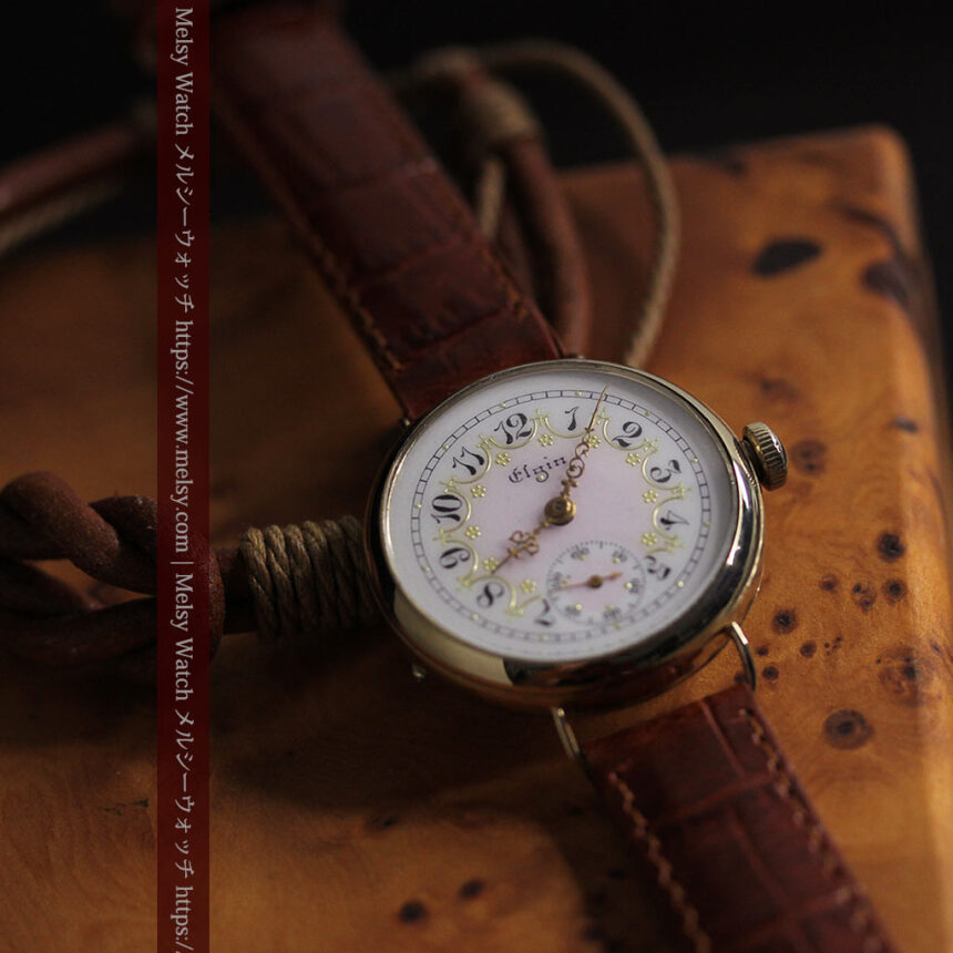 エルジン アンティーク腕時計 淡い桃色と金の文字盤 【1904年頃】-W1542-3