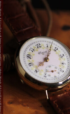 エルジン アンティーク腕時計 淡い桃色と金の文字盤 【1904年頃】-W1542-7