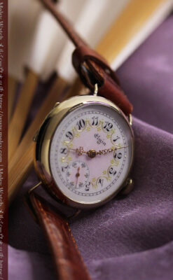 エルジン アンティーク腕時計 淡い桃色と金の文字盤 【1904年頃】-W1542-9