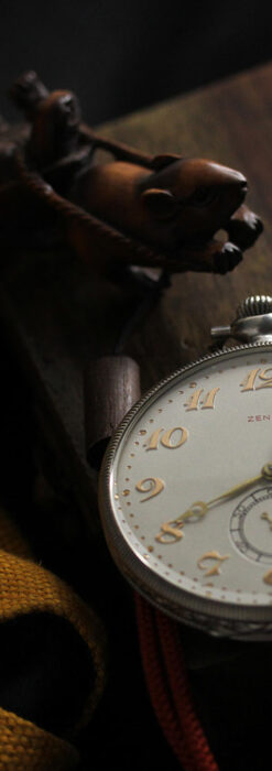 品のある幾何学模様 ゼニスの銀無垢懐中時計 【1914年頃】-P2314-1