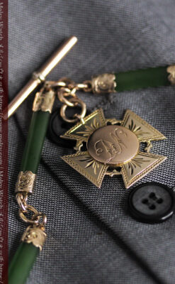 装飾されたグリーンストーン 金無垢アンティーク懐中時計チェーン 【1900年頃】-C0444-11