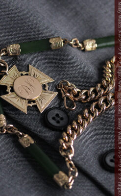 装飾されたグリーンストーン 金無垢アンティーク懐中時計チェーン 【1900年頃】-C0444-12