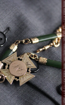 装飾されたグリーンストーン 金無垢アンティーク懐中時計チェーン 【1900年頃】-C0444-13