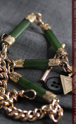 装飾されたグリーンストーン 金無垢アンティーク懐中時計チェーン 【1900年頃】-C0444-14