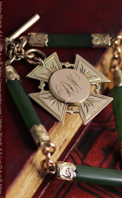 装飾されたグリーンストーン 金無垢アンティーク懐中時計チェーン 【1900年頃】-C0444-16