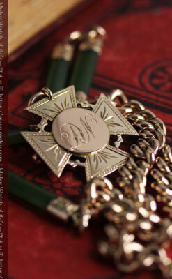 装飾されたグリーンストーン 金無垢アンティーク懐中時計チェーン 【1900年頃】-C0444-17