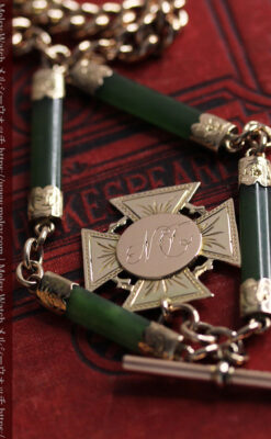 装飾されたグリーンストーン 金無垢アンティーク懐中時計チェーン 【1900年頃】-C0444-18