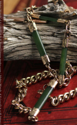 装飾されたグリーンストーン 金無垢アンティーク懐中時計チェーン 【1900年頃】-C0444-2