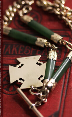 装飾されたグリーンストーン 金無垢アンティーク懐中時計チェーン 【1900年頃】-C0444-20