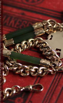 装飾されたグリーンストーン 金無垢アンティーク懐中時計チェーン 【1900年頃】-C0444-21