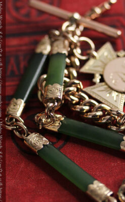 装飾されたグリーンストーン 金無垢アンティーク懐中時計チェーン 【1900年頃】-C0444-22