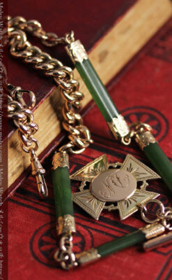 装飾されたグリーンストーン 金無垢アンティーク懐中時計チェーン 【1900年頃】-C0444-23