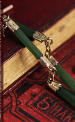 装飾されたグリーンストーン 金無垢アンティーク懐中時計チェーン 【1900年頃】-C0444-24