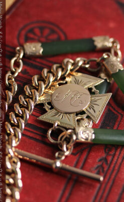 装飾されたグリーンストーン 金無垢アンティーク懐中時計チェーン 【1900年頃】-C0444-25