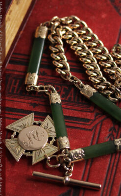 装飾されたグリーンストーン 金無垢アンティーク懐中時計チェーン 【1900年頃】-C0444-26