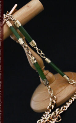 装飾されたグリーンストーン 金無垢アンティーク懐中時計チェーン 【1900年頃】-C0444-28