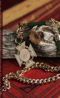 装飾されたグリーンストーン 金無垢アンティーク懐中時計チェーン 【1900年頃】-C0444-3