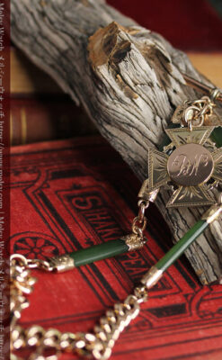 装飾されたグリーンストーン 金無垢アンティーク懐中時計チェーン 【1900年頃】-C0444-4