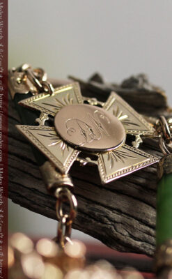 装飾されたグリーンストーン 金無垢アンティーク懐中時計チェーン 【1900年頃】-C0444-5