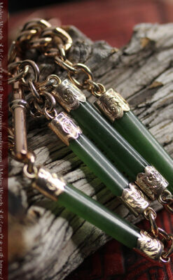 装飾されたグリーンストーン 金無垢アンティーク懐中時計チェーン 【1900年頃】-C0444-7