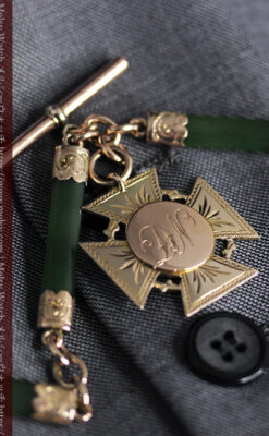 装飾されたグリーンストーン 金無垢アンティーク懐中時計チェーン 【1900年頃】-C0444-8