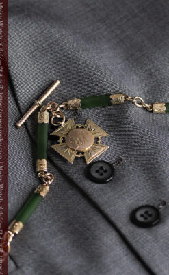 装飾されたグリーンストーン 金無垢アンティーク懐中時計チェーン 【1900年頃】-C0444-9