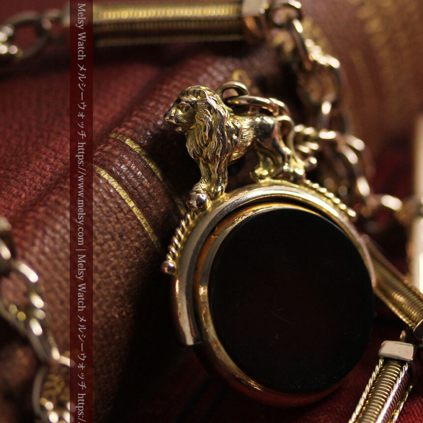 英国獅子の金無垢石付回転飾り 金無垢アンティーク懐中時計チェーン-C0497-1