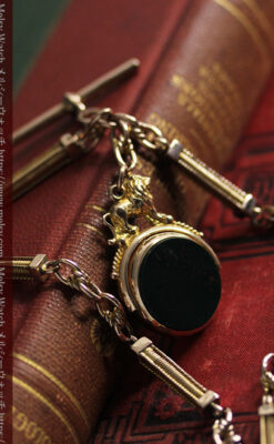 英国獅子の金無垢石付回転飾り 金無垢アンティーク懐中時計チェーン-C0497-13