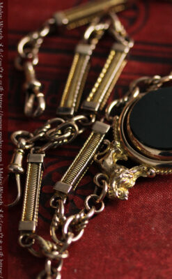 英国獅子の金無垢石付回転飾り 金無垢アンティーク懐中時計チェーン-C0497-14