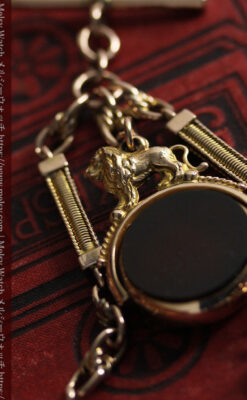 英国獅子の金無垢石付回転飾り 金無垢アンティーク懐中時計チェーン-C0497-2