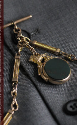 英国獅子の金無垢石付回転飾り 金無垢アンティーク懐中時計チェーン-C0497-20