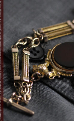 英国獅子の金無垢石付回転飾り 金無垢アンティーク懐中時計チェーン-C0497-22