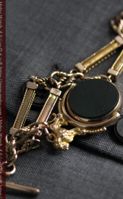 英国獅子の金無垢石付回転飾り 金無垢アンティーク懐中時計チェーン-C0497-23