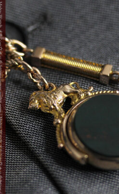 英国獅子の金無垢石付回転飾り 金無垢アンティーク懐中時計チェーン-C0497-24