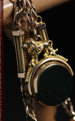 英国獅子の金無垢石付回転飾り 金無垢アンティーク懐中時計チェーン-C0497-29