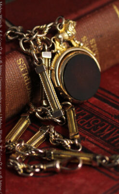 英国獅子の金無垢石付回転飾り 金無垢アンティーク懐中時計チェーン-C0497-4