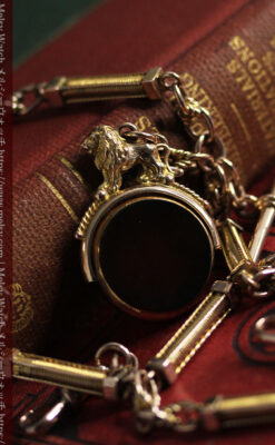 英国獅子の金無垢石付回転飾り 金無垢アンティーク懐中時計チェーン-C0497-5