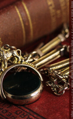 英国獅子の金無垢石付回転飾り 金無垢アンティーク懐中時計チェーン-C0497-8