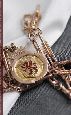 エナメルの赤竜の飾り 金無垢アンティーク懐中時計チェーン-C0498-1