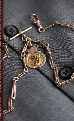 エナメルの赤竜の飾り 金無垢アンティーク懐中時計チェーン-C0498-15