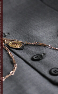 エナメルの赤竜の飾り 金無垢アンティーク懐中時計チェーン-C0498-8