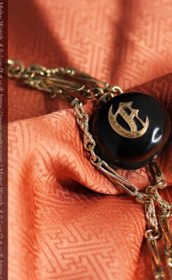 フリーメイソン金と木の飾り 金無垢アンティーク懐中時計チェーン-C0499-13