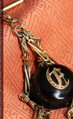 フリーメイソン金と木の飾り 金無垢アンティーク懐中時計チェーン-C0499-21