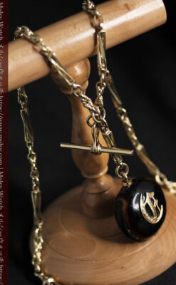 フリーメイソン金と木の飾り 金無垢アンティーク懐中時計チェーン-C0499-33